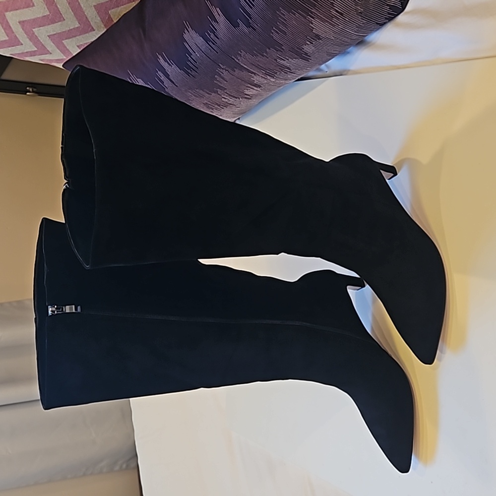 Black Vegan Suede Kitten Heel Wide Calf Boots - Picture 2 of 5